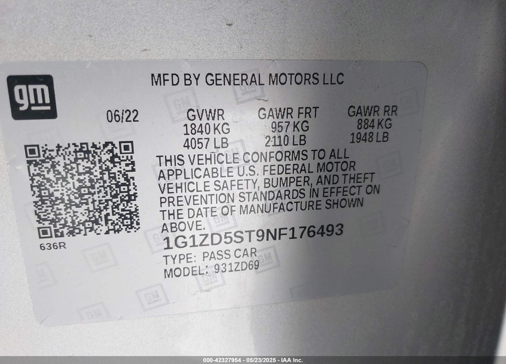2022 CHEVROLET MALIBU FWD LT VIN: 1G1ZD5ST9NF176493