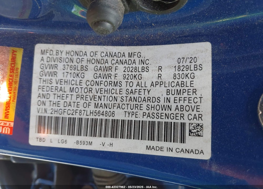 2020 HONDA CIVIC VIN: 2HGFC2F87LH564806
