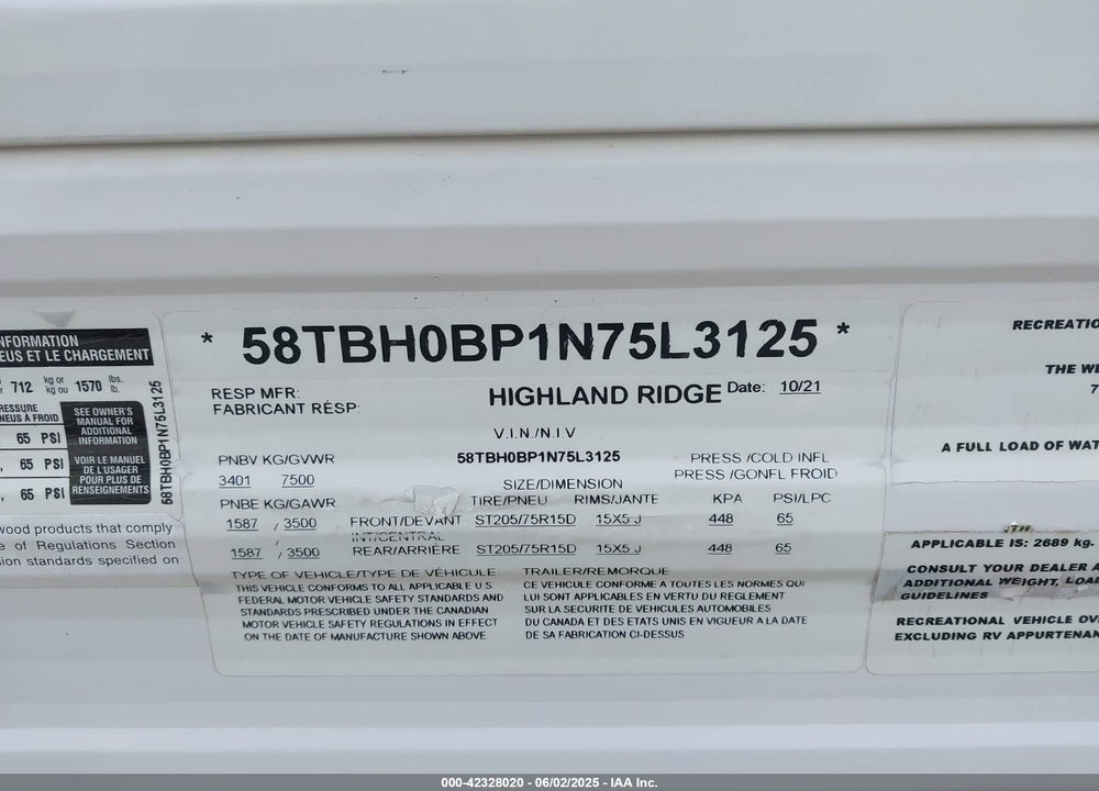 2022 HIGHLAND RIDGE TRAILER VIN: 58TBH0BP1N75L3125