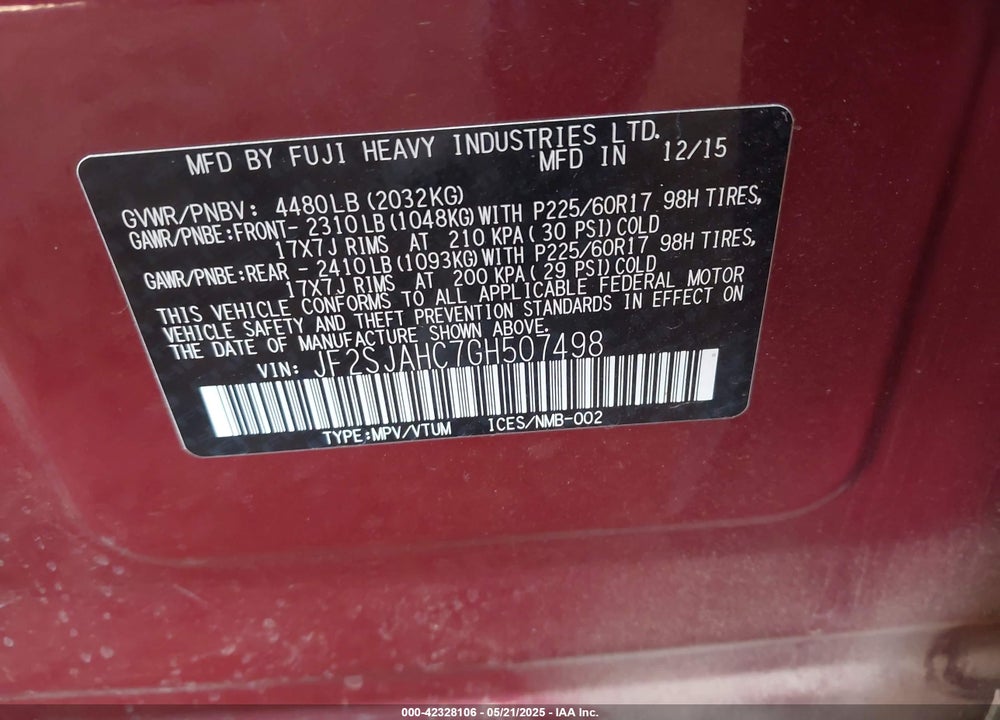 2016 SUBARU FORESTER 2.5I LIMITED VIN: JF2SJAHC7GH507498