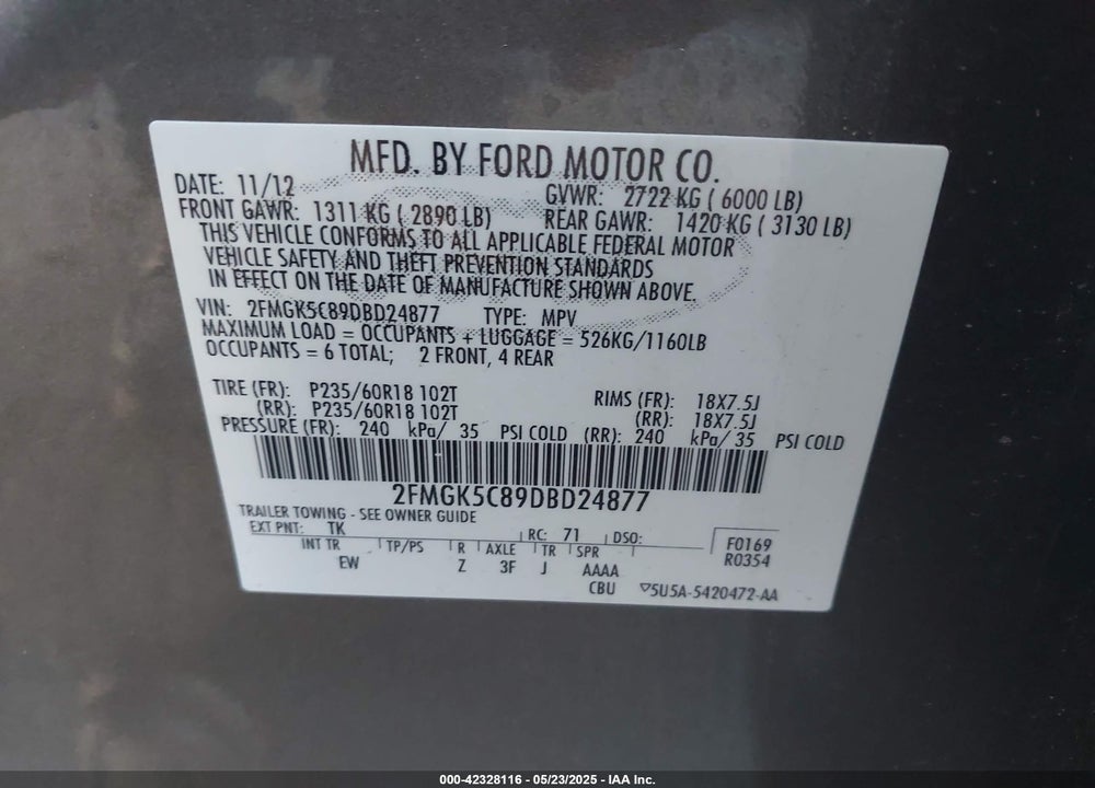 2013 FORD FLEX VIN: 2FMGK5C89DBD24877