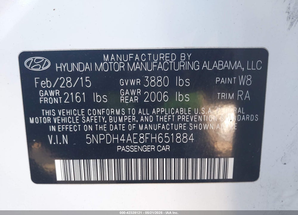 2015 HYUNDAI ELANTRA VIN: 5NPDH4AE8FH651884