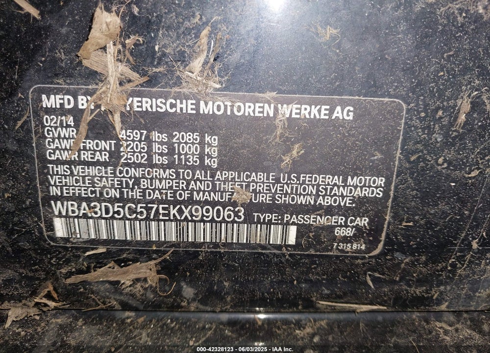 2014 BMW 3 SERIES VIN: WBA3D5C57EKX99063
