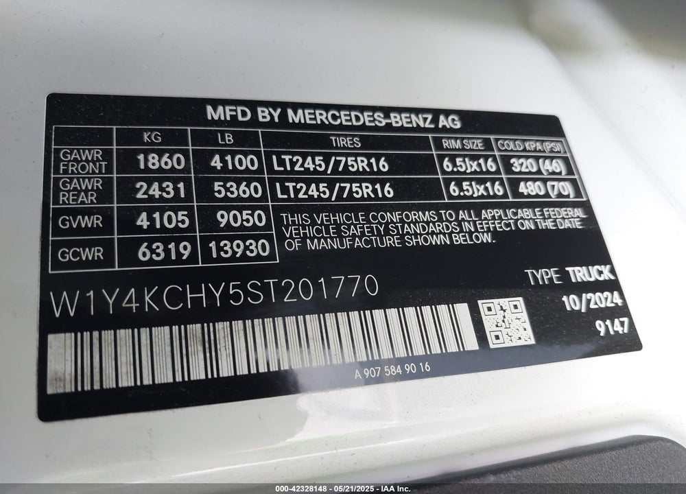2025 MERCEDES-BENZ SPRINTER 2500 HIGH ROOF 4-CYL DIESEL VIN: W1Y4KCHY5ST201770