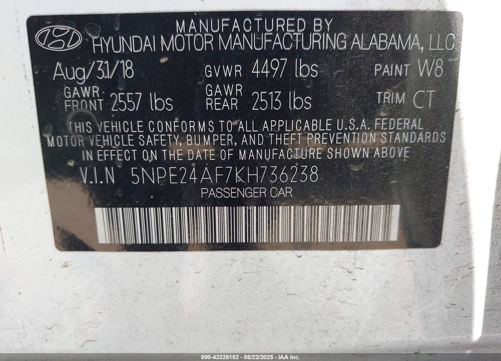2019 HYUNDAI SONATA VIN: 5NPE24AF7KH736238