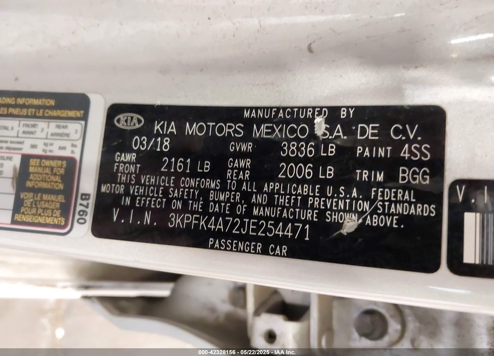 2018 KIA FORTE VIN: 3KPFK4A72JE254471
