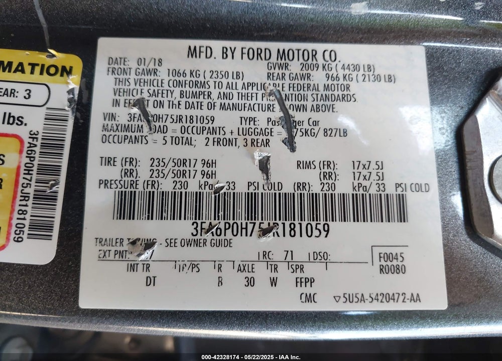 2018 FORD FUSION SE VIN: 3FA6P0H75JR181059