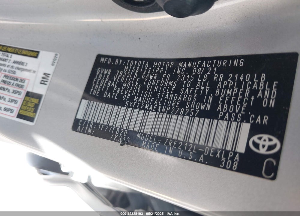 2022 TOYOTA COROLLA VIN: 5YFEPMAEXNP278257