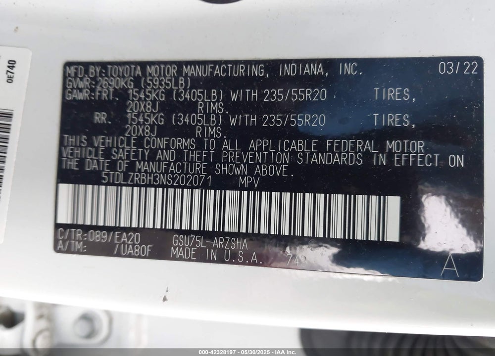 2022 TOYOTA HIGHLANDER XSE VIN: 5TDLZRBH3NS202071