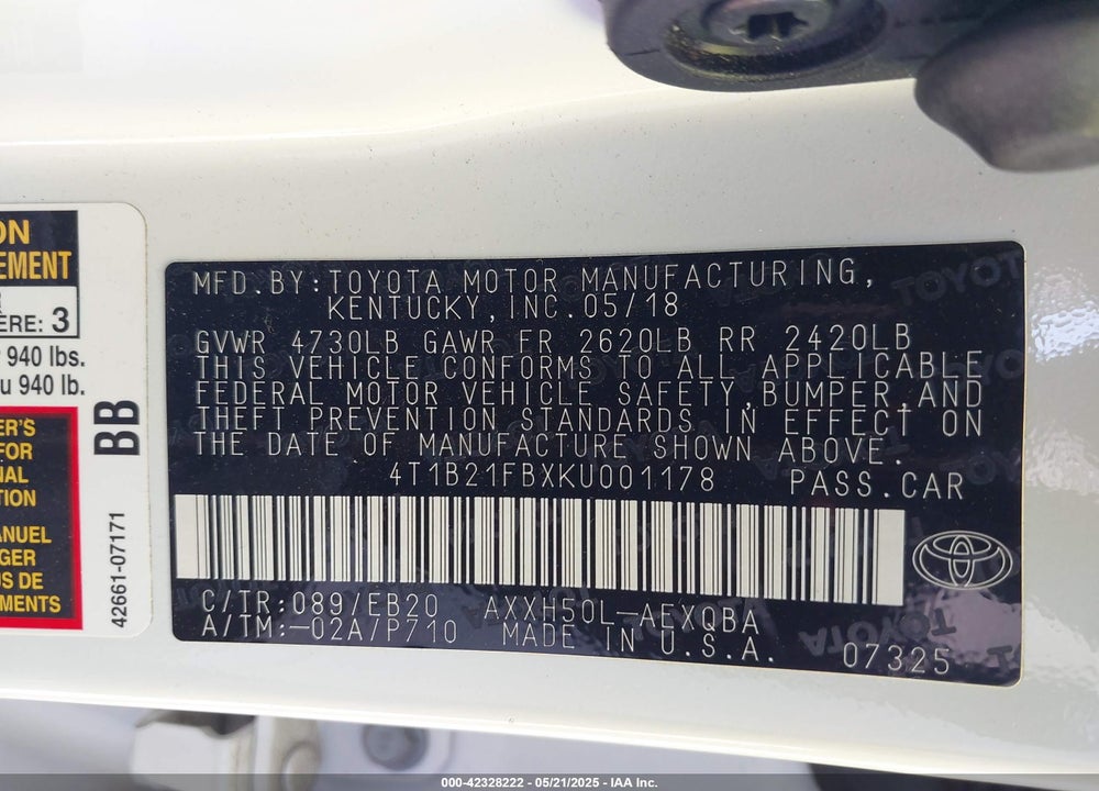 2019 TOYOTA AVALON HYBRID LIMITED/XLE/XSE VIN: 4T1B21FBXKU001178