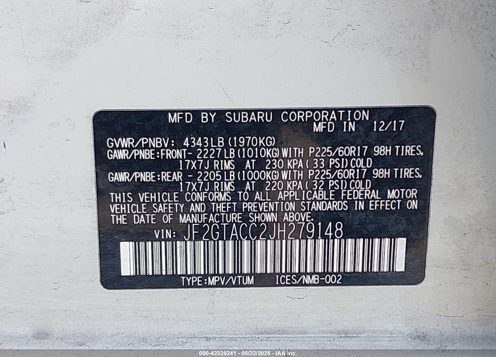 2018 SUBARU CROSSTREK 2.0I PREMIUM VIN: JF2GTACC2JH279148
