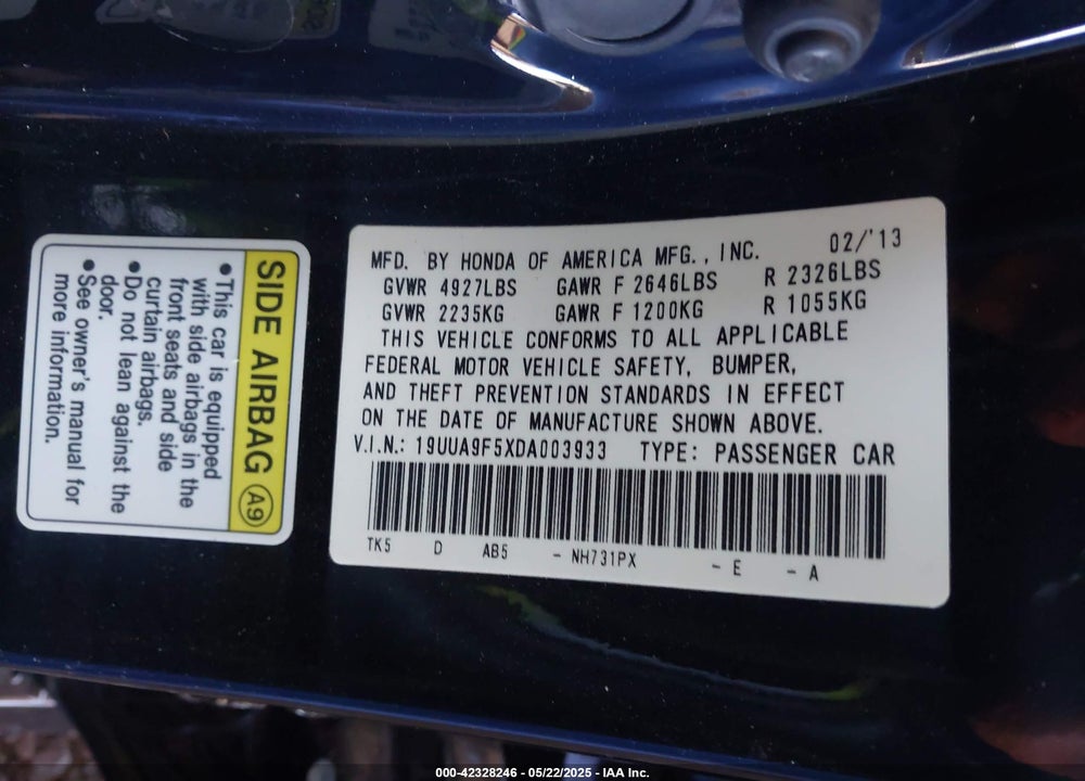 2013 ACURA TL VIN: 19UUA9F5XDA003933