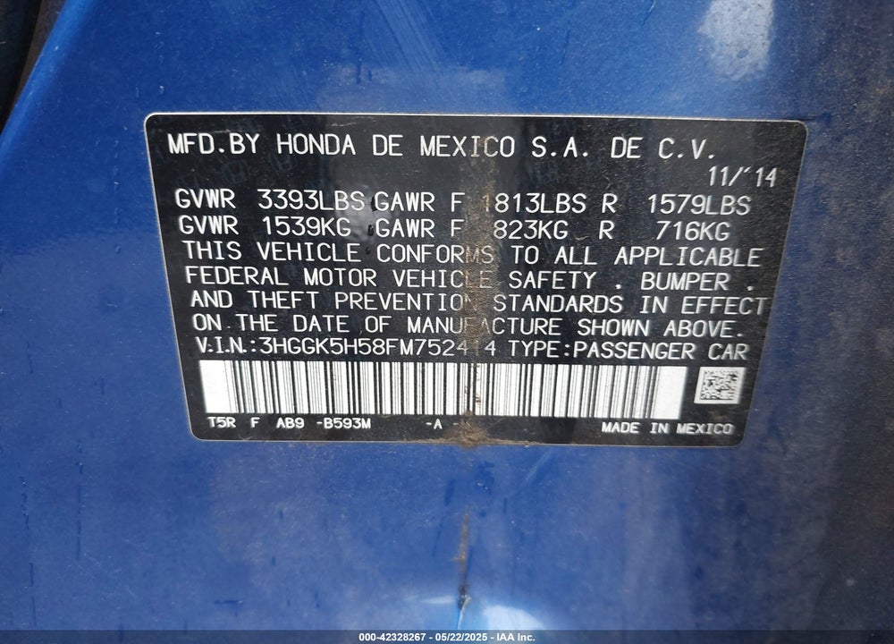 2015 HONDA FIT VIN: 3HGGK5H58FM752414