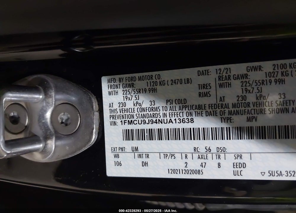 2022 FORD ESCAPE VIN: 1FMCU9J94NUA13638