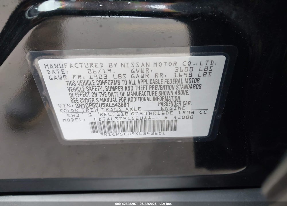 2019 NISSAN KICKS VIN: 3N1CP5CU5KL543681