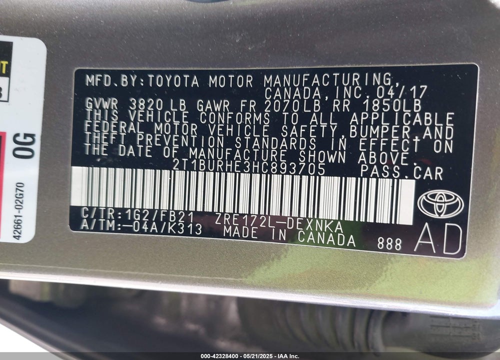 2017 TOYOTA COROLLA VIN: 2T1BURHE3HC893705