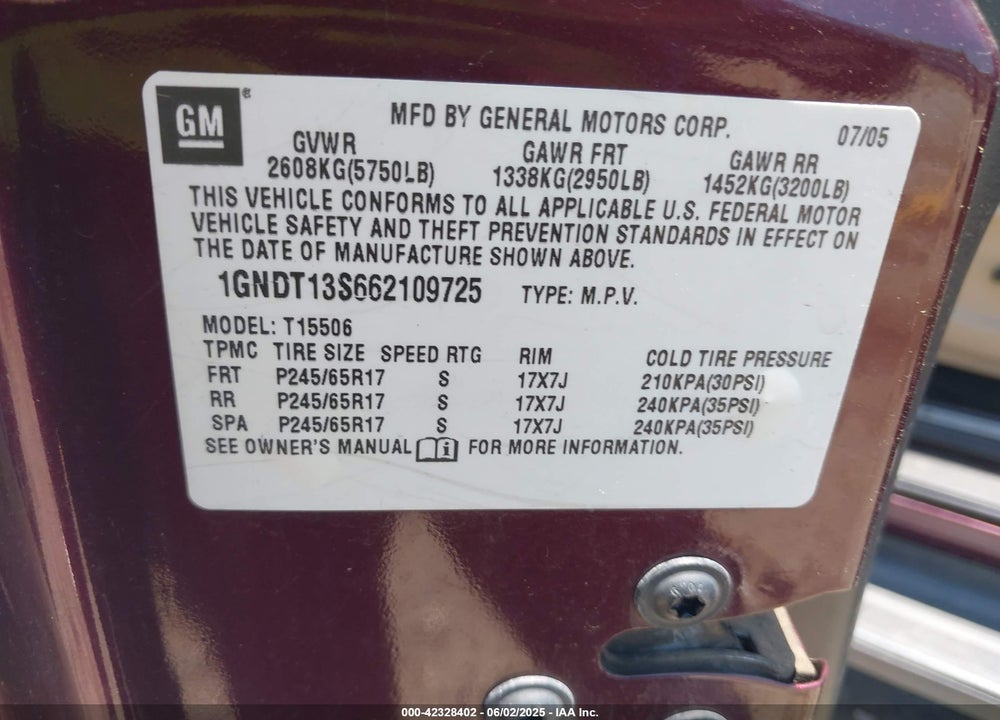 2006 CHEVROLET TRAILBLAZER VIN: 1GNDT13S662109725