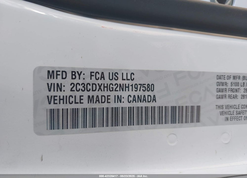 2022 DODGE CHARGER VIN: 2C3CDXHG2NH197580