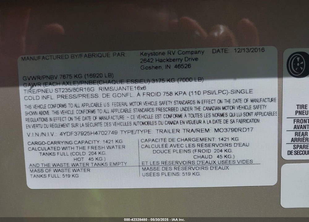 2017 KEYSTONE MONTANA VIN: 4YDF37925H4702749
