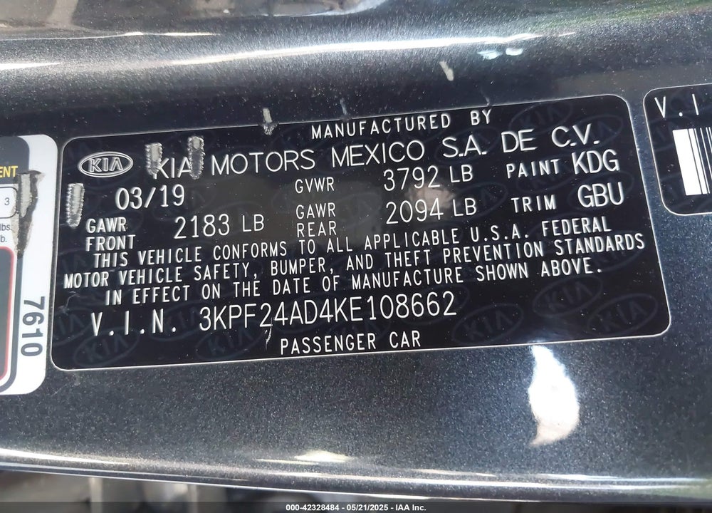 2019 KIA FORTE VIN: 3KPF24AD4KE108662
