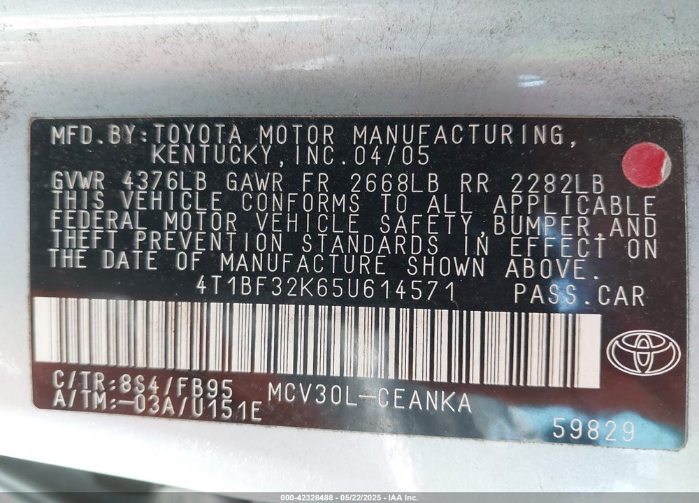 2005 TOYOTA CAMRY VIN: 4T1BF32K65U614571
