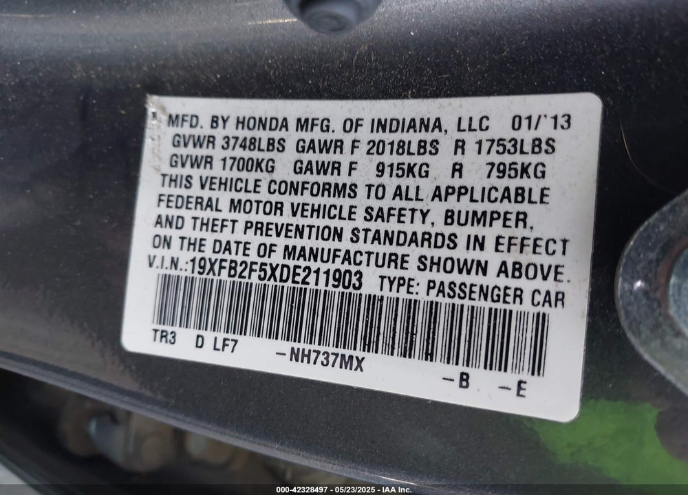 2013 HONDA CIVIC LX VIN: 19XFB2F5XDE211903