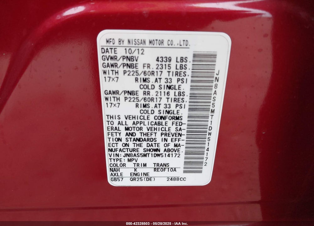 2013 NISSAN ROGUE VIN: JN8AS5MT1DW514172