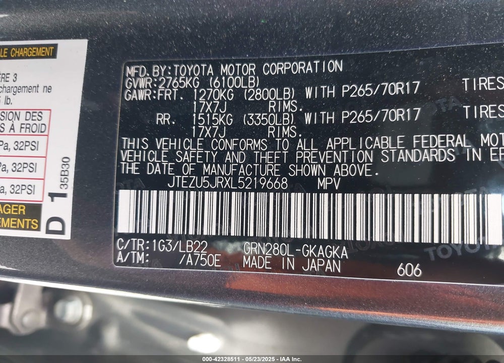2020 TOYOTA 4RUNNER VIN: JTEZU5JRXL5219668