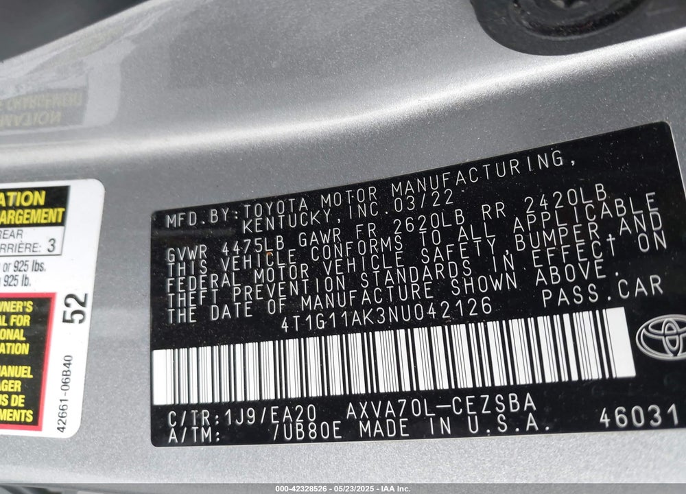 2022 TOYOTA CAMRY SE VIN: 4T1G11AK3NU042126
