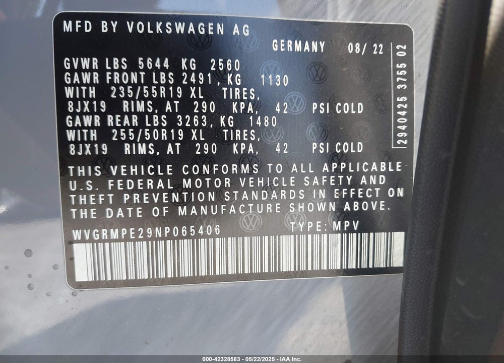 2022 VOLKSWAGEN ID.4 PRO VIN: WVGRMPE29NP065406