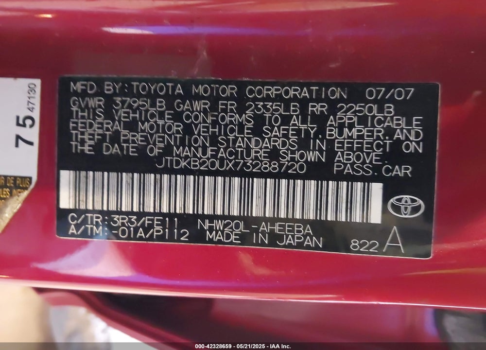 2007 TOYOTA PRIUS TOURING VIN: JTDKB20UX73288720