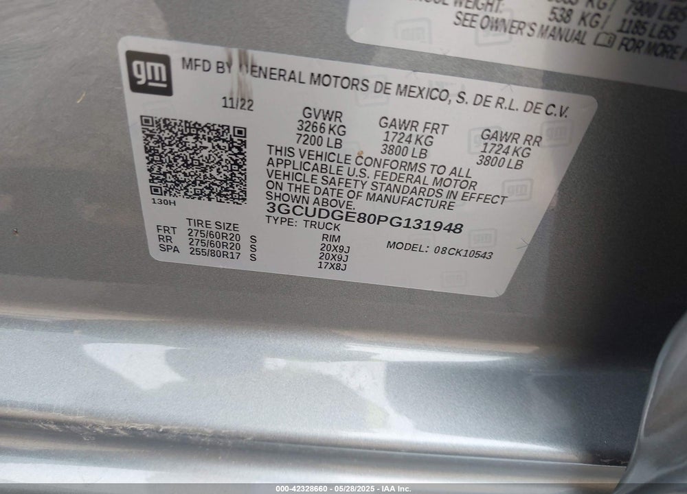 2023 CHEVROLET SILVERADO 1500 VIN: 3GCUDGE80PG131948