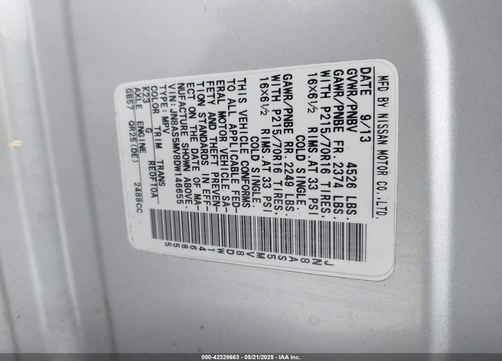 2013 NISSAN ROGUE VIN: JN8AS5MV8DW146655