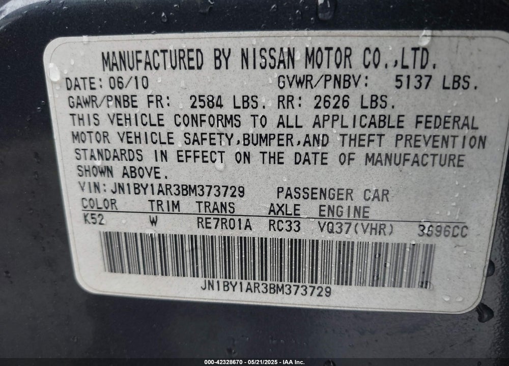 2011 INFINITI M37X VIN: JN1BY1AR3BM373729