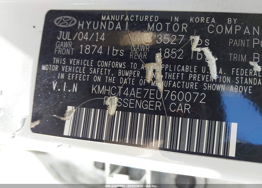 2014 HYUNDAI ACCENT VIN: KMHCT4AE7EU760072