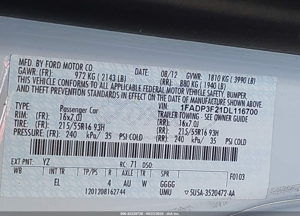 2013 FORD FOCUS VIN: 1FADP3F21DL116700