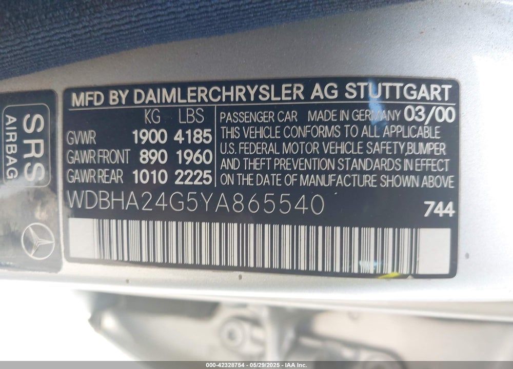 2000 MERCEDES-BENZ C 230 KOMPRESSOR VIN: WDBHA24G5YA865540