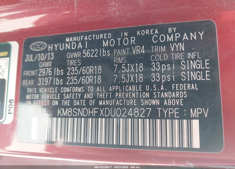 2013 HYUNDAI SANTA FE VIN: KM8SNDHFXDU024827