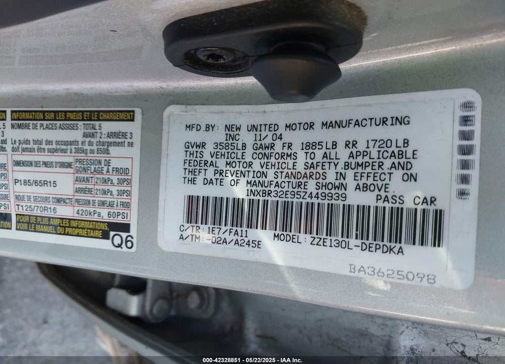 2005 TOYOTA COROLLA CE/LE/S VIN: 1NXBR32E95Z449939