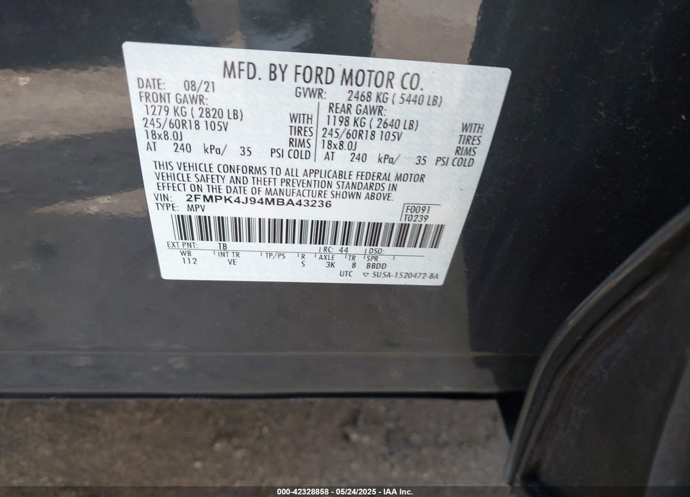 2021 FORD EDGE VIN: 2FMPK4J94MBA43236
