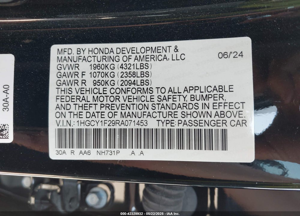 2024 HONDA ACCORD VIN: 1HGCY1F29RA071453