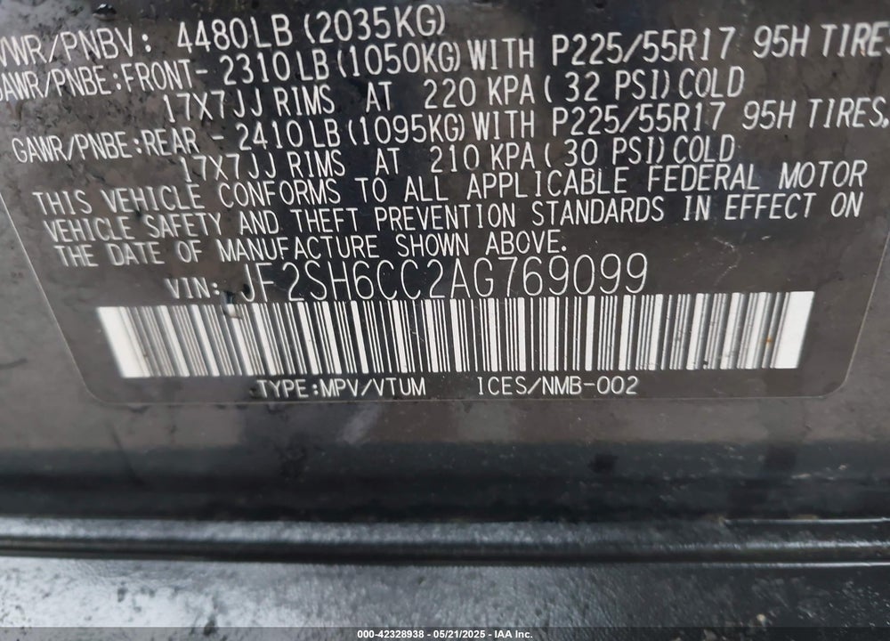 2010 SUBARU FORESTER VIN: JF2SH6CC2AG769099