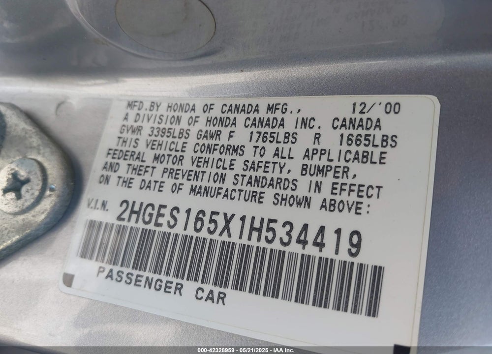 2001 HONDA CIVIC LX VIN: 2HGES165X1H534419