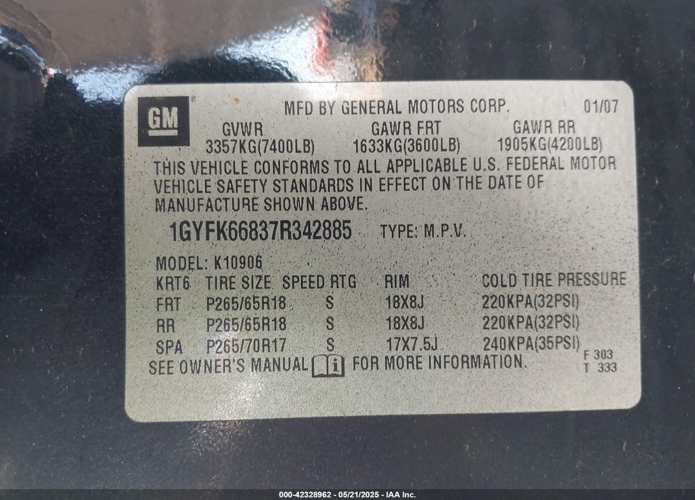 2007 CADILLAC ESCALADE ESV VIN: 1GYFK66837R342885