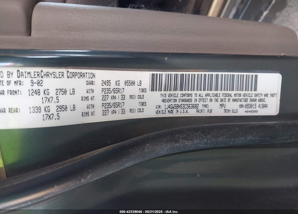 2003 JEEP GRAND CHEROKEE LIMITED VIN: 1J4GW58N53C563682