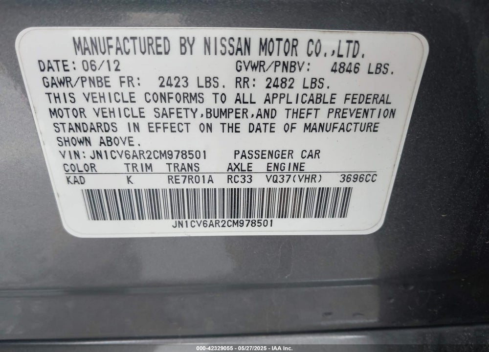 2012 INFINITI G37 VIN: JN1CV6AR2CM978501