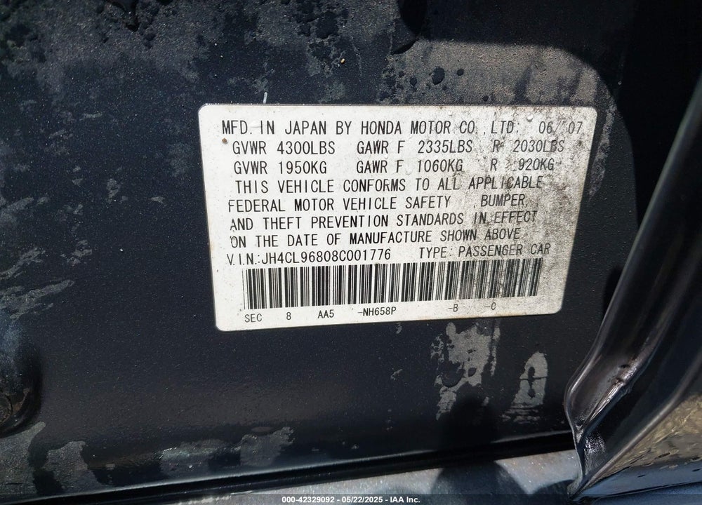 2008 ACURA TSX VIN: JH4CL96808C001776