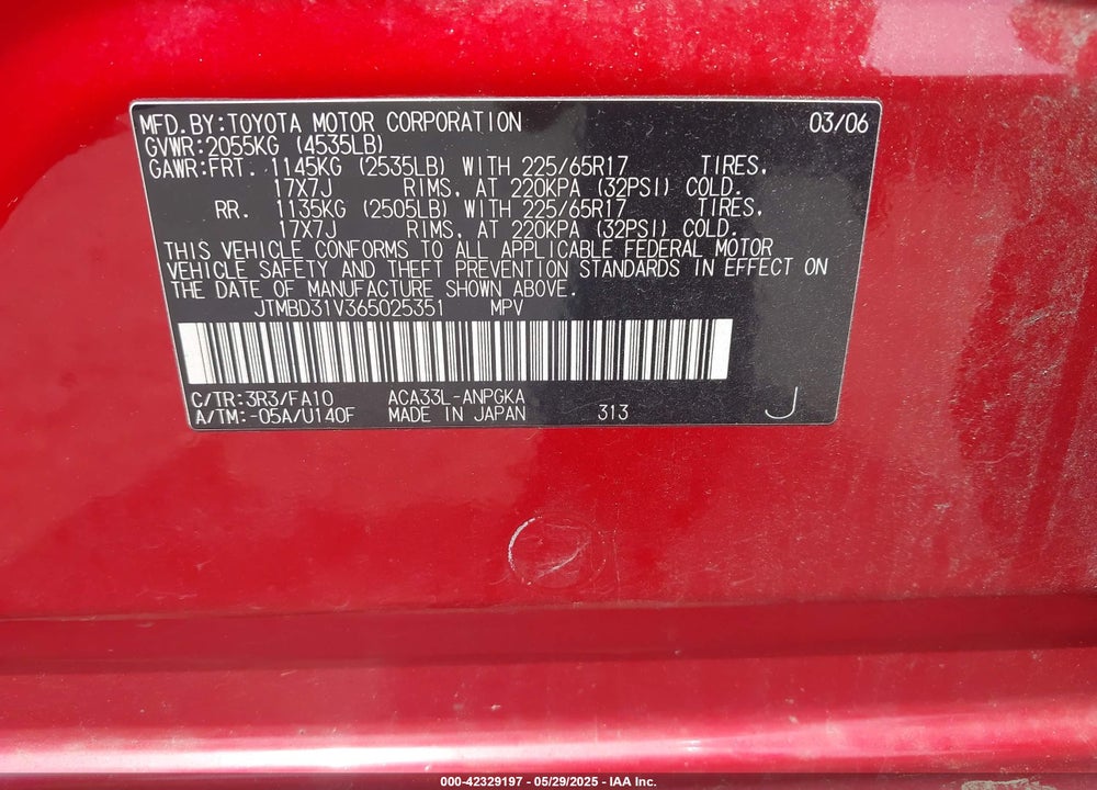 2006 TOYOTA RAV4 VIN: JTMBD31V365025351