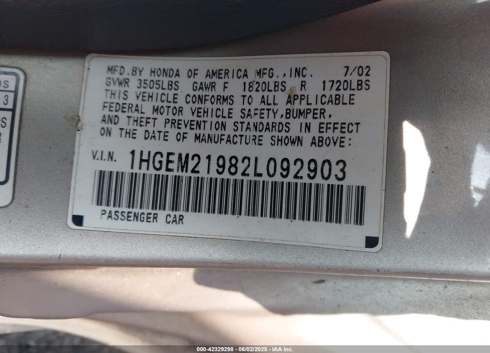 2002 HONDA CIVIC EX VIN: 1HGEM21982L092903
