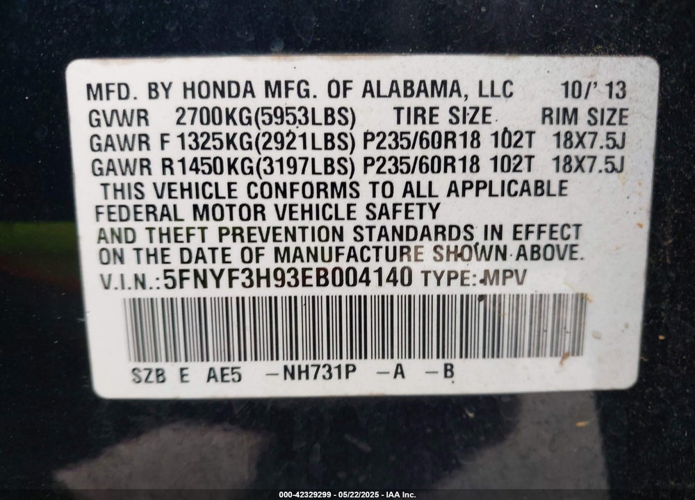 2014 HONDA PILOT TOURING VIN: 5FNYF3H93EB004140